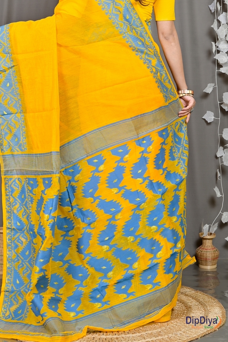 Yellow Blue Cotton Blended Parv Jamdani Saree (562)